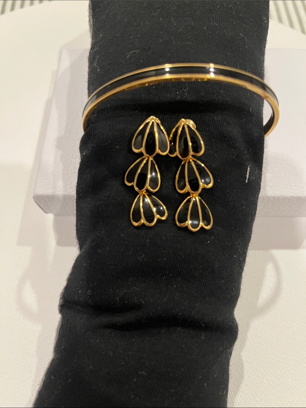 Vintage Monet set Gold and Black Teardrop Link Earrings with matching Bangle